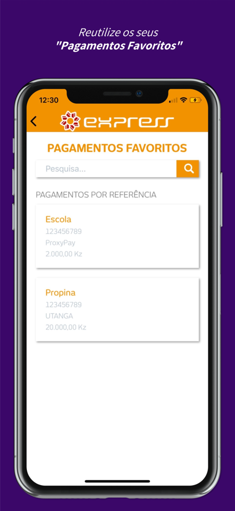 Interface do aplicativo MULTICAIXA Express exibindo uma lista de pagamentos favoritos como escola e mensalidades