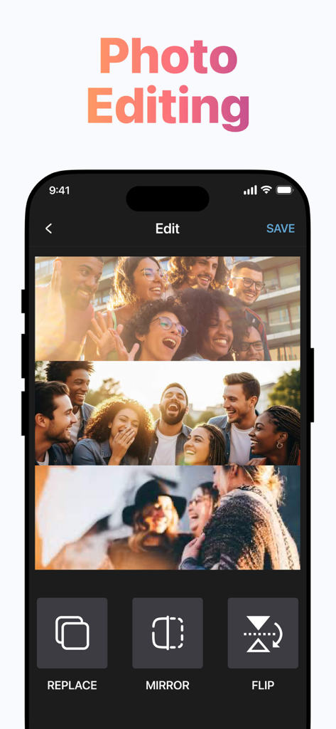 Layout for Instagram + - Captura de pantalla de la interfaz de edición de fotos en Layout for Instagram que muestra herramientas de edición de collages como espejo y voltear