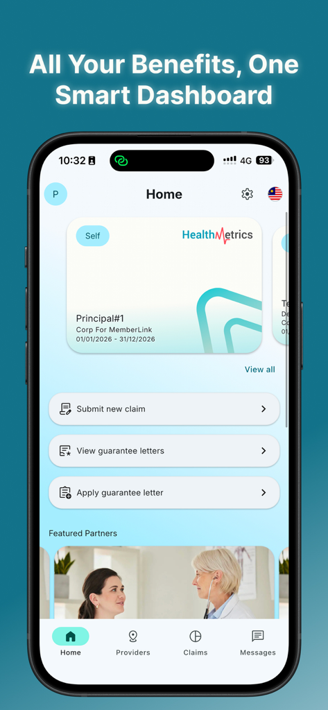 HealthMetrics Global - HealthMetrics Global app home screen featuring a virtual insurance card and quick links for claims and benefits.
