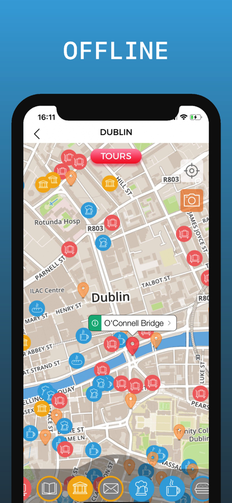 더블린 여행 가이드 앱 인터페이스, 다양한 관광 명소 아이콘이 표시된 더블린 오프라인 지도 표시