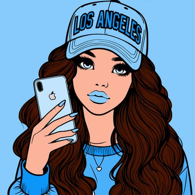 realistic beautiful girl wearing los ángeles cap holding an iphone