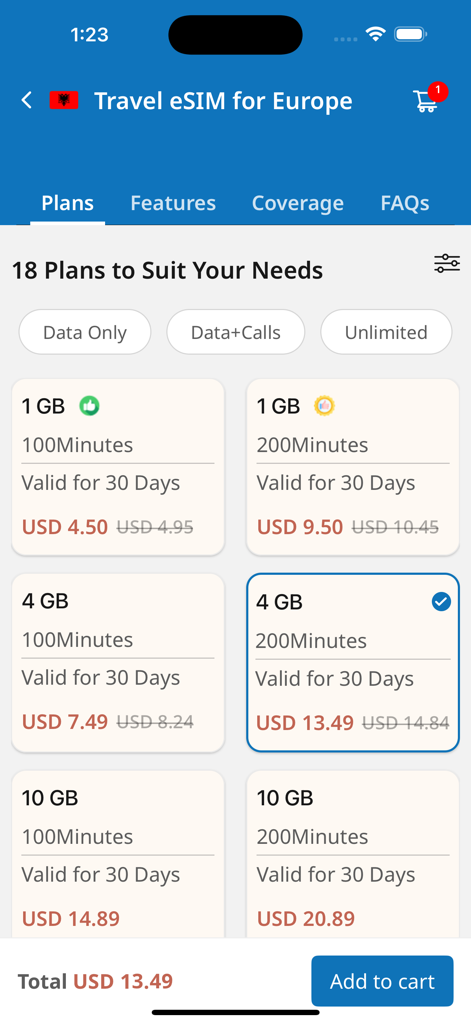 eTravelsim - Travel eSim - eTravelsimアプリのヨーロッパ向けのさまざまな旅行eSIMデータおよび通話プランを示すインターフェイス。