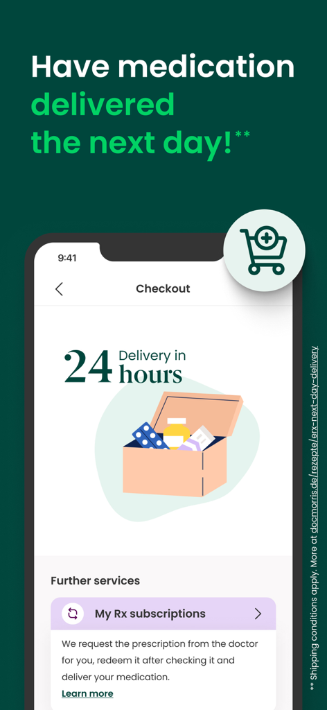 DocMorris app screen showing information about 24-hour medication delivery and prescription management