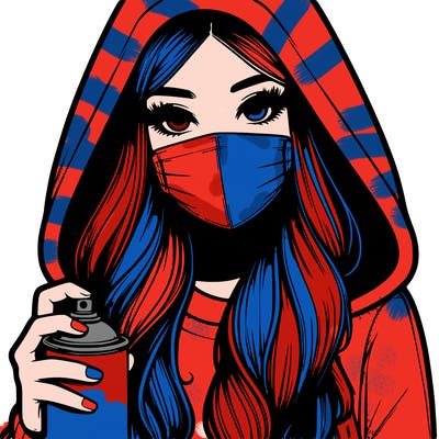 girl wearing a mask with long hair with her hood up spray-painting realistic