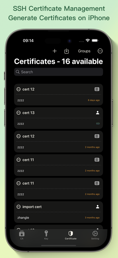 KeyBean app screen showing a list of managed SSH certificates on an iPhone with options to search and add new ones.
