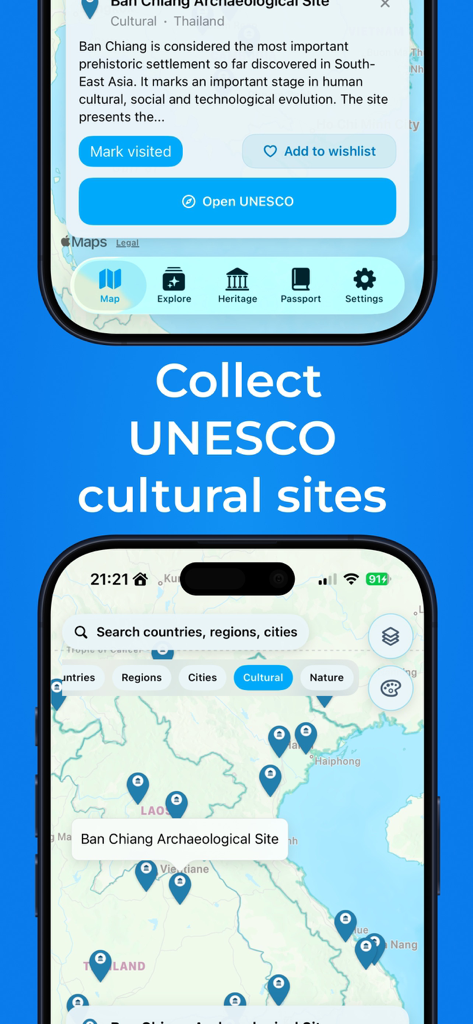 Been Atlas - Travel Map - Been Atlas App-Oberfläche, die eine Karte von UNESCO-Kulturerbestätten mit Optionen zur Markierung als besucht zeigt