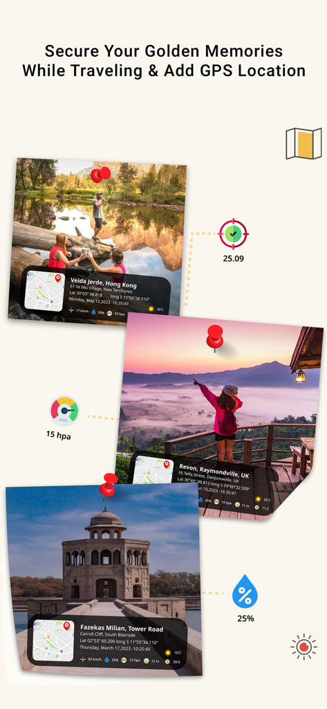 GPS Camera - Location Stamp - GPS Camera app showing photos with location stamps and map overlays