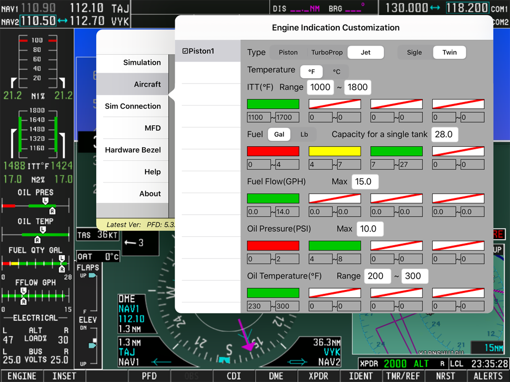 Menú de personalización de indicación de motor en la aplicación Simionic G1000 PFD que muestra configuraciones para motores de pistón, jet y turbohélice