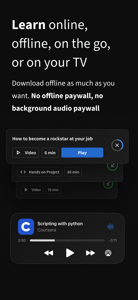 Coursera: Grow your career - Coursera App-Anzeige mit Offline-Video-Downloads und Hintergrund-Audiowiedergabe für mobiles Lernen