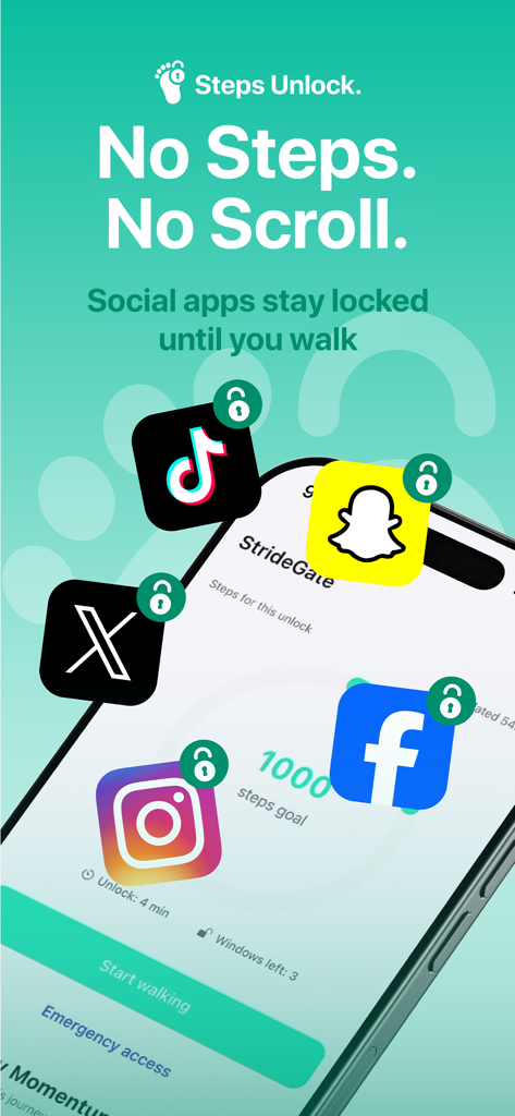 Steps Unlock app promotional screen showing locked social media icons and a 1000 steps goal to unlock screen time.
