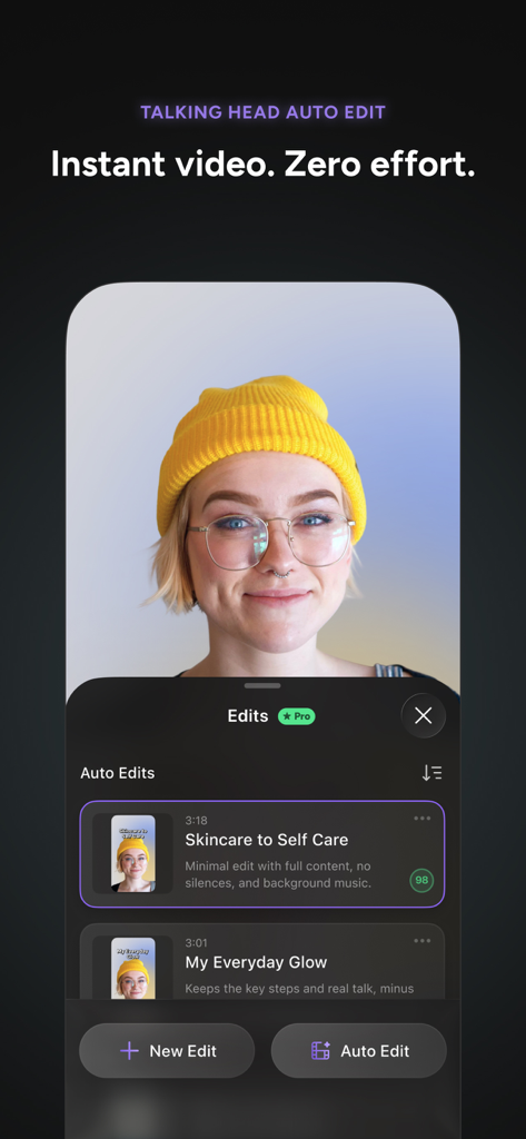Detail: AI Video Editor - Interface of Detail AI Video Editor showing automated edits for a talking head video creator