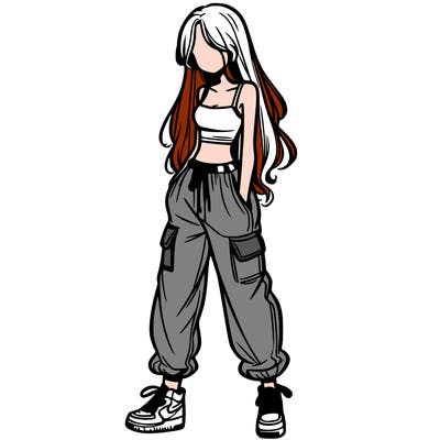girl in baggy pants crop top and long hair