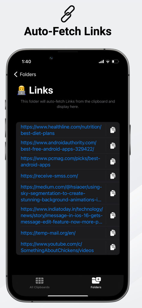 Mobile Bildschirmansicht des Ordners für automatisch abgerufene Links in der Zwischenablage-Tastatur-Manager-App.