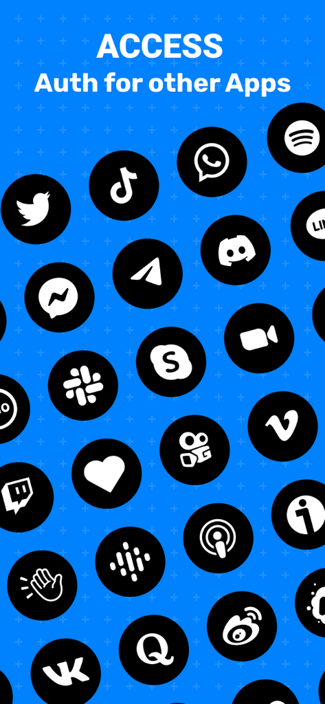 A blue screen displaying logos of popular social media and professional apps compatible with 2FA security