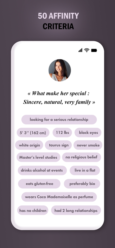 A detailed user profile on the Waiter app displaying 50 affinity criteria tags for better matching