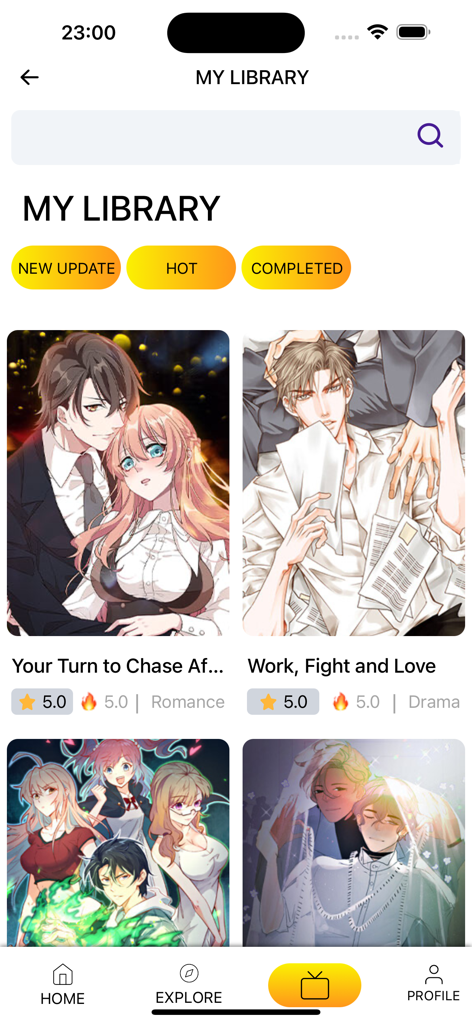 Toonred - Webtoon & Manga - Toonred app library interface showing a curated list of romance and drama webtoon titles