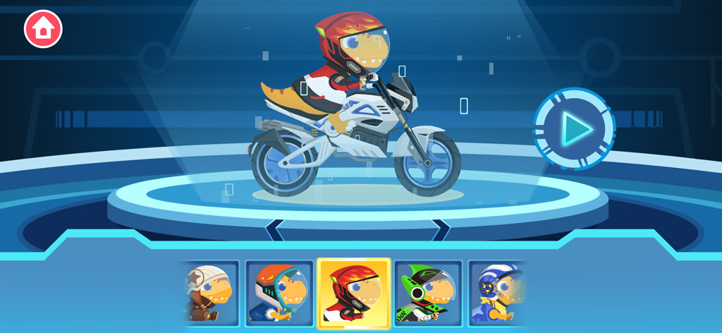 Dirt Bike Games Kids - A dinosaur character on a motorcycle in the rider selection menu