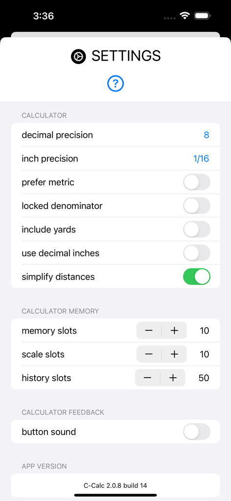 Construction Calc - Settings menu of the Construction Calc app showing measurement precision and memory slot options