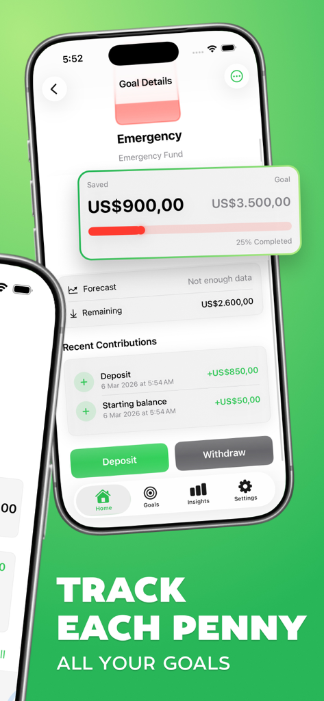 Savings Goal - Money Saver - A mobile screen showing the goal details for an emergency fund with a progress bar and recent deposit history in the Savings Goal app.