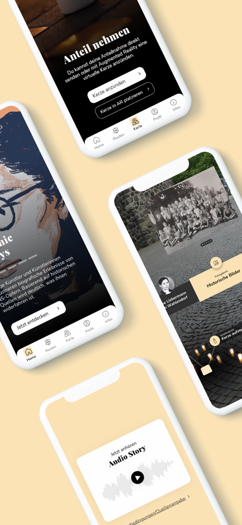 Stolpersteine NRW - Multiple phone screens showing features of the Stolpersteine NRW app including AR candle lighting and historical images