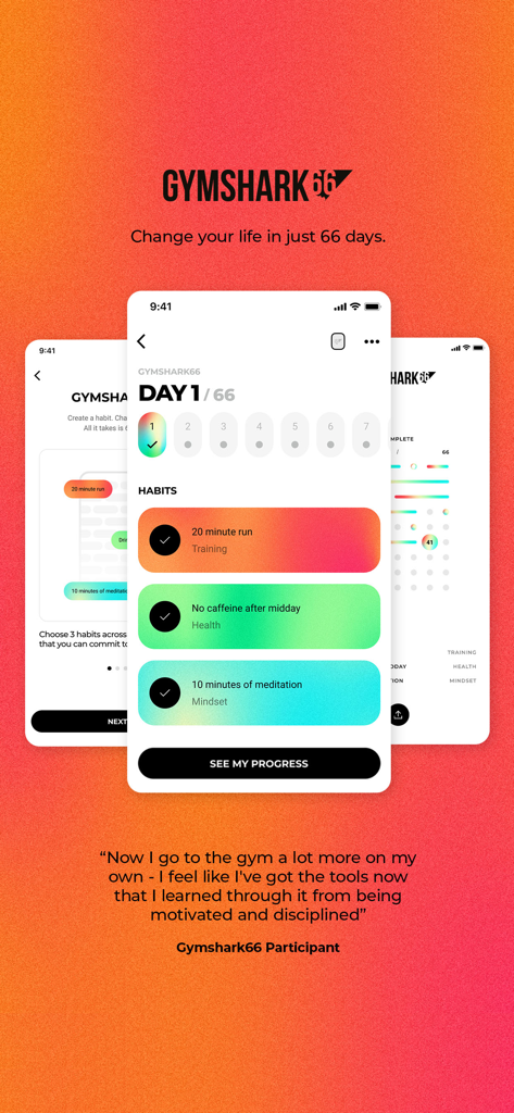 Gymshark Training and Fitness - Interface der Gymshark Training App zeigt die 66-Tage-Challenge zum Tracken von Gewohnheiten
