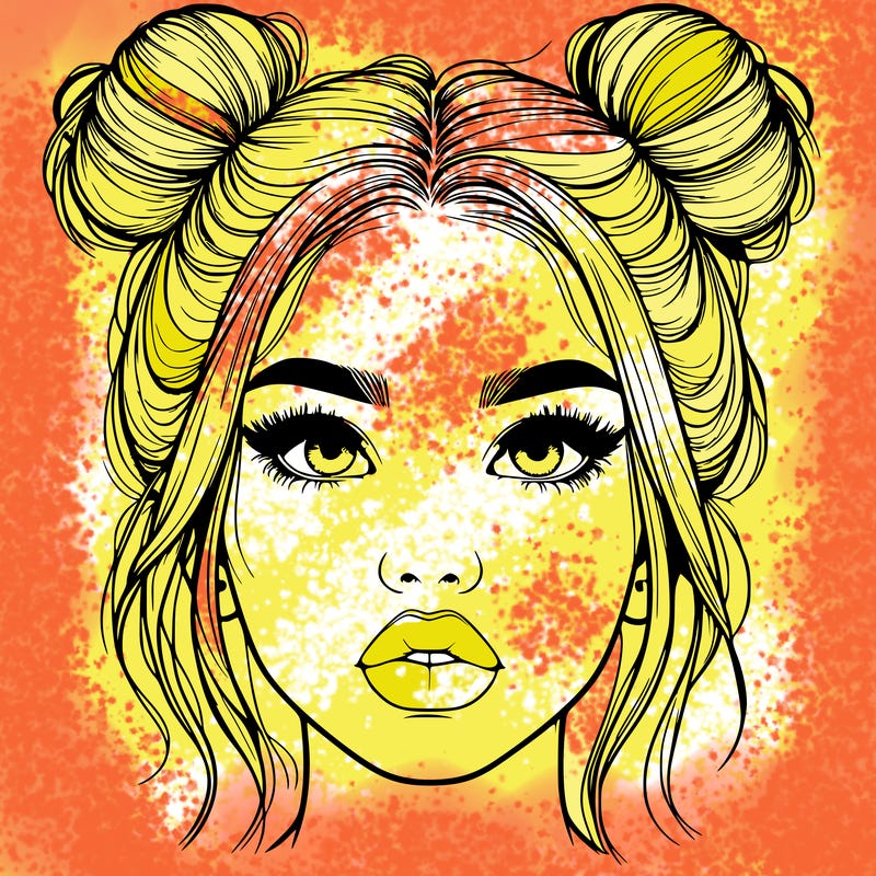 realistic girl with two buns on her hair and lips