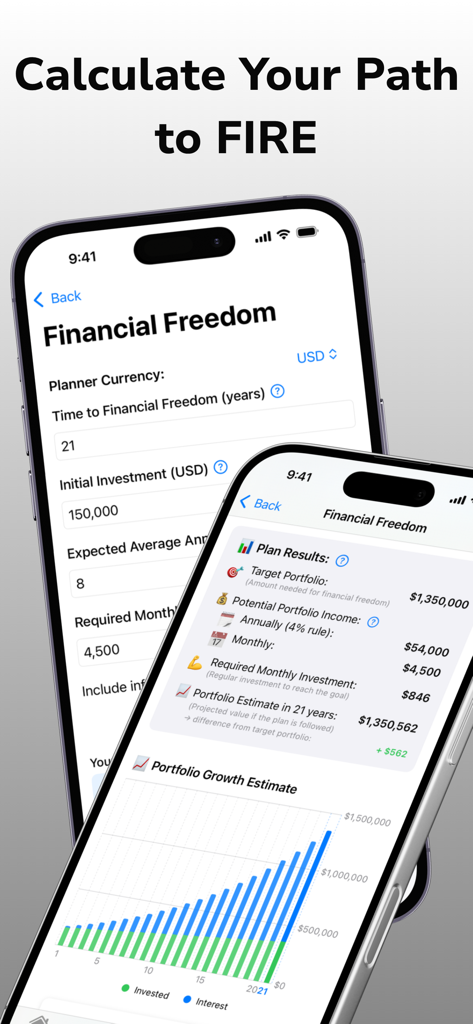 Profiro: FIRE & Budget Planner - Interface of Profiro app showing financial freedom planning and portfolio growth projection graph.