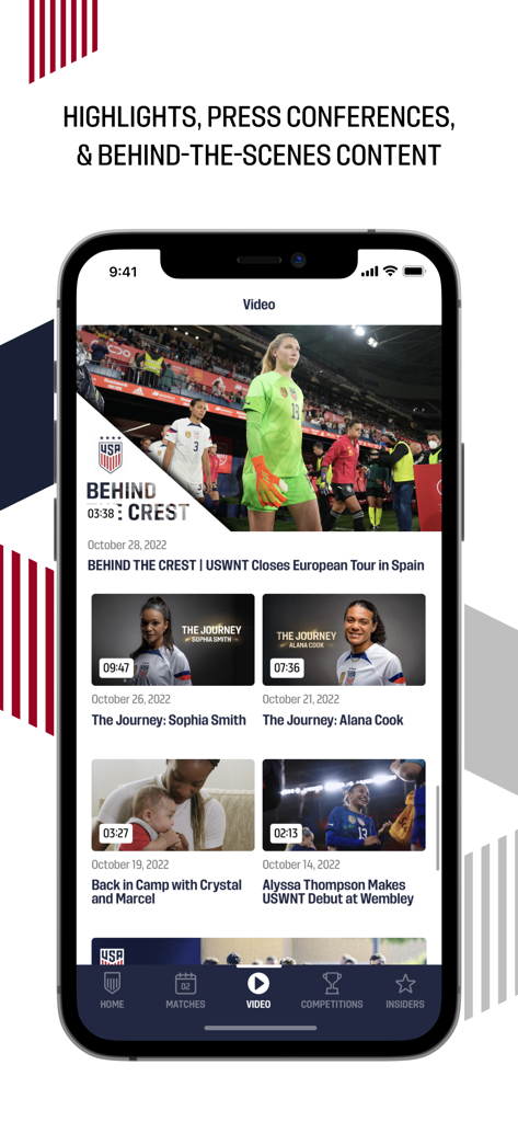 U.S. Soccer – Official App - Smartphone displaying the video section of the U.S. Soccer app featuring highlights and behind the scenes content of the women team