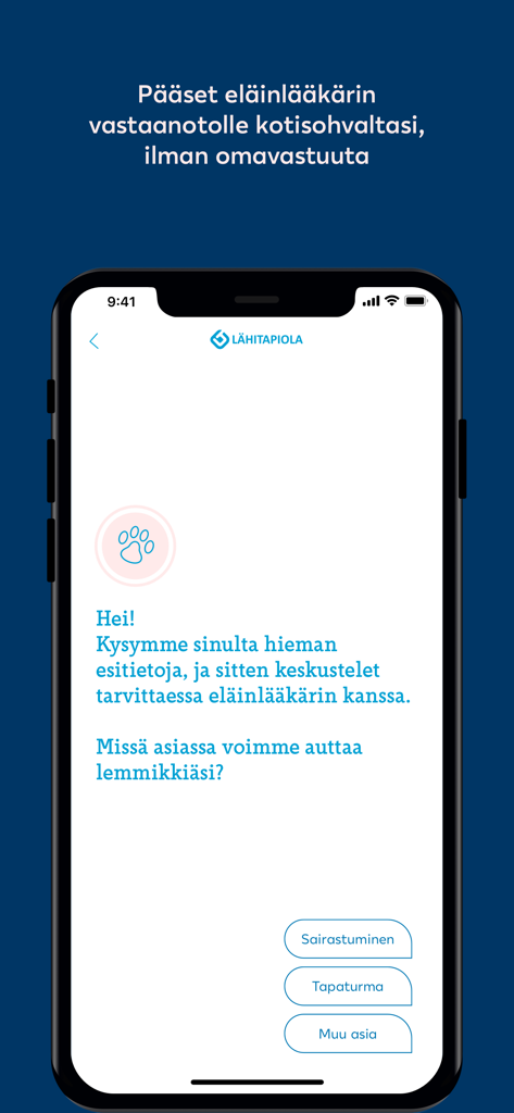 LemmikkiHelppi mobile app screen for starting a remote veterinary consultation.