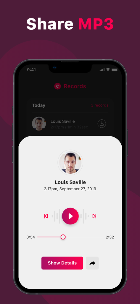 Interface of the Call Recorder app showing the playback of a recorded call with a Share MP3 feature.