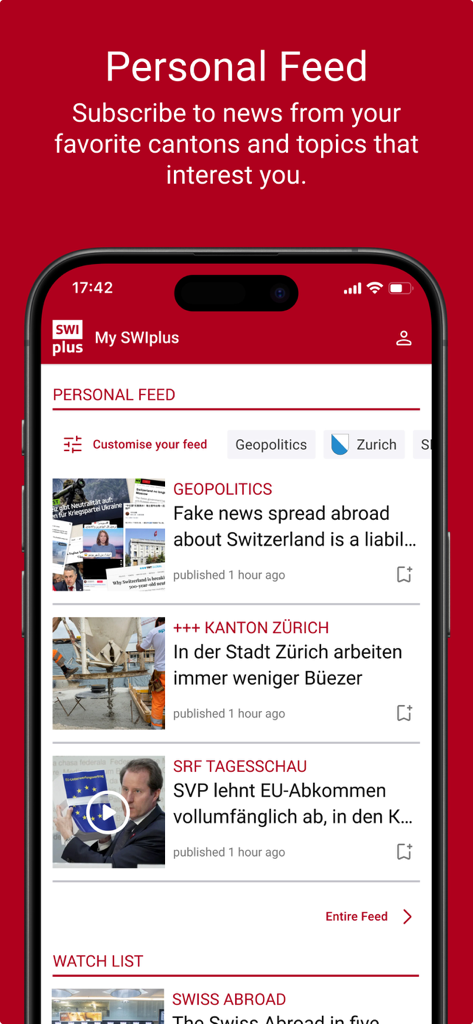 SWIplus from Swissinfo - SWIplus App-Screenshot, der einen personalisierten Nachrichtenfeed mit Schweizer Geopolitik und Zürcher Regionalnachrichten zeigt