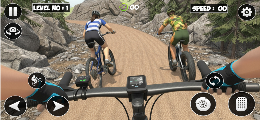 BMX Racing: Bicycle Rider Game - First person view of a bicycle rider racing on a dirt mountain path