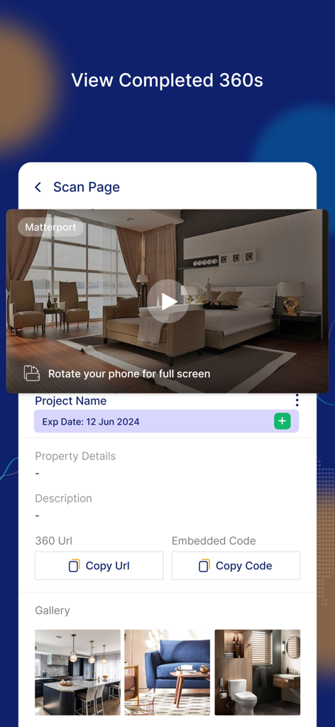 Interface do aplicativo RealAgent mostrando um tour virtual de imóvel 360 graus concluído com uma galeria de imagens