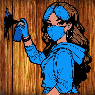 realistic girl with mask spray painting a wall
