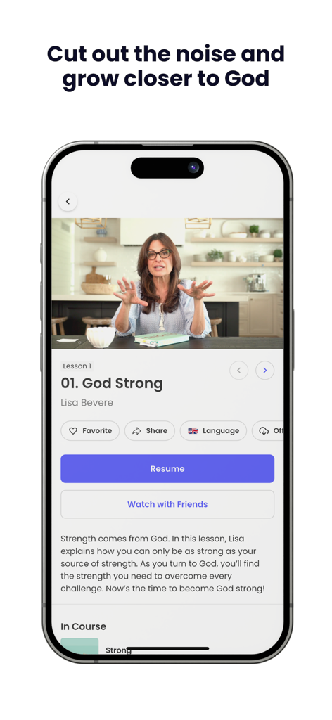 MessengerX App - MessengerX app screen displaying a religious video course by Lisa Bevere titled God Strong
