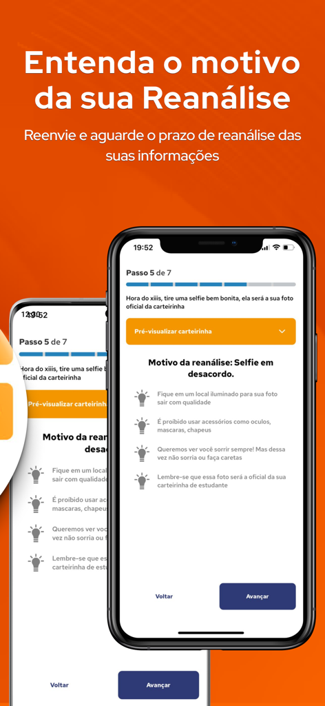 Vou de Meia - Tela do aplicativo móvel Vou de Meia mostrando os requisitos de selfie para validação da identidade estudantil