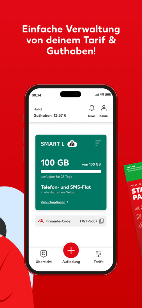 Kaufland mobil app dashboard showing 100 GB data plan and credit balance