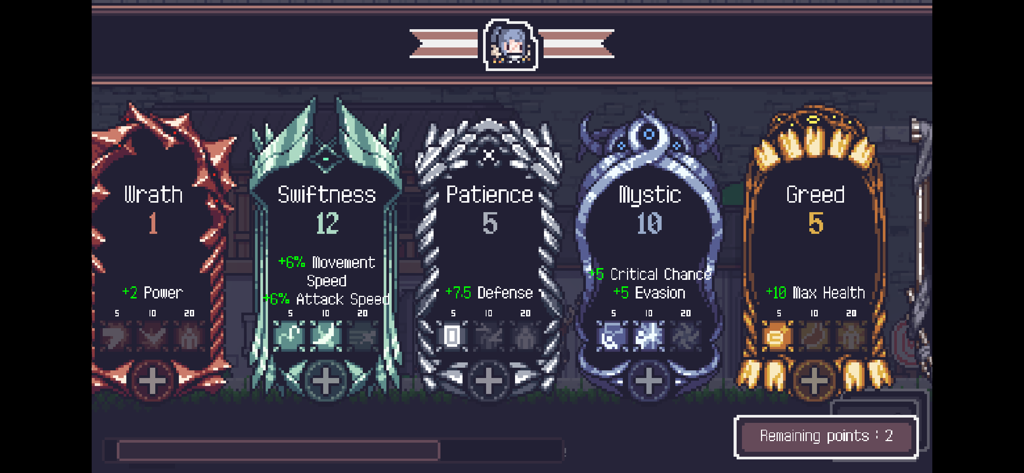 Dungreed - Dungreed character training menu showing pixel art stat categories for Wrath Swiftness Patience Mystic and Greed