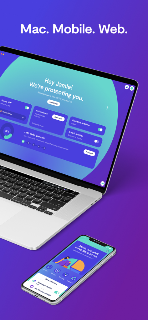Clarioセキュリティとプライバシーアプリのインターフェースが、ラップトップとスマートフォンの画面に表示されています。