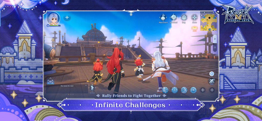 Personagens no estilo anime se reúnem para desafios infinitos no jogo mobile Ragnarok M Eternal Love.