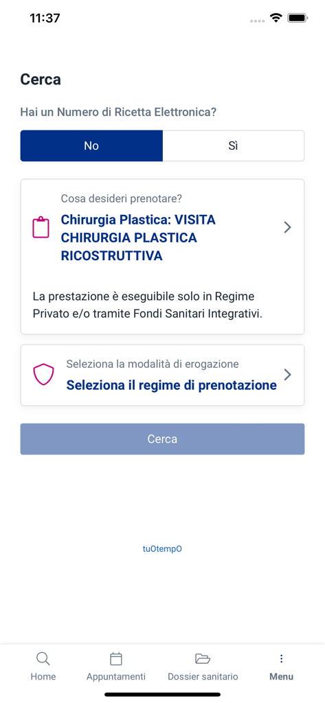 CDC|Affidea - Schermata di ricerca e prenotazione per appuntamenti medici all'interno dell'app CDC Affidea che mostra opzioni per prescrizioni elettroniche e visite specialistiche.