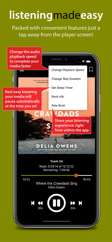 Interface of the AudiobookSTORE app showing playback features like sleep timer and speed control