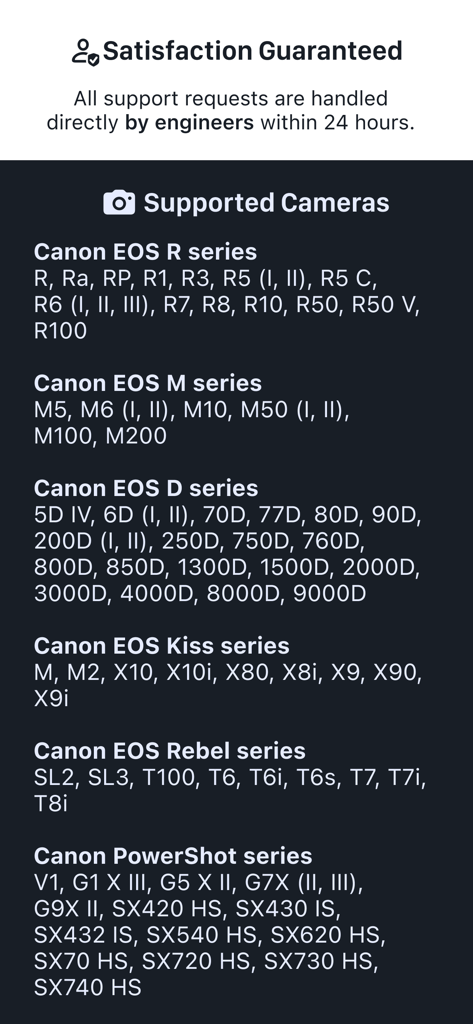 Shutter - Canon Camera Remote - List of supported Canon EOS and PowerShot camera models for the Shutter app