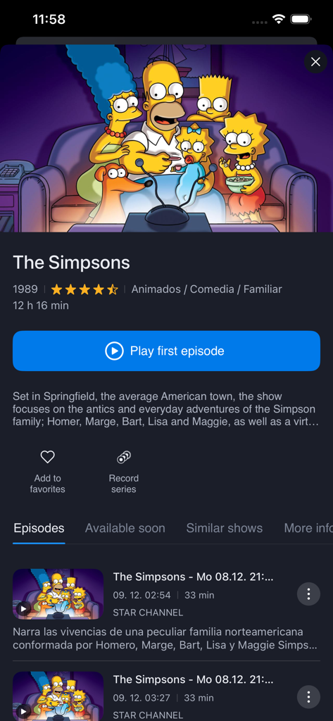 Interface of the CableGo mobile app showing the show details page for The Simpsons series including description and episode list