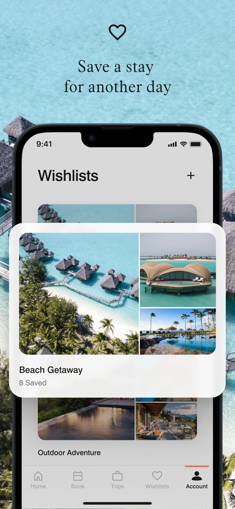 O aplicativo Marriott Bonvoy exibindo uma lista de desejos de hotéis personalizada chamada Férias na Praia com fotos de resorts de luxo