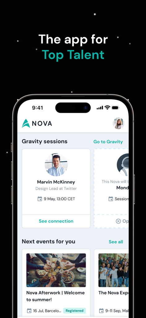 Nova Connect - Interface de l'application Nova Connect montrant des sessions de réseautage professionnel et des événements pour les meilleurs talents