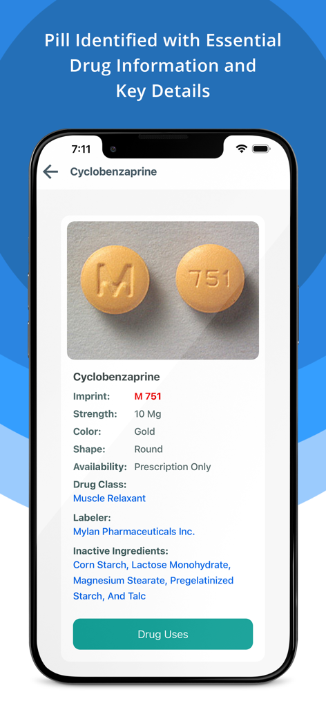 Pill Identifier & Drug Search - Screenshot of the Pill Identifier app displaying detailed information and a photo of a gold Cyclobenzaprine muscle relaxant pill.