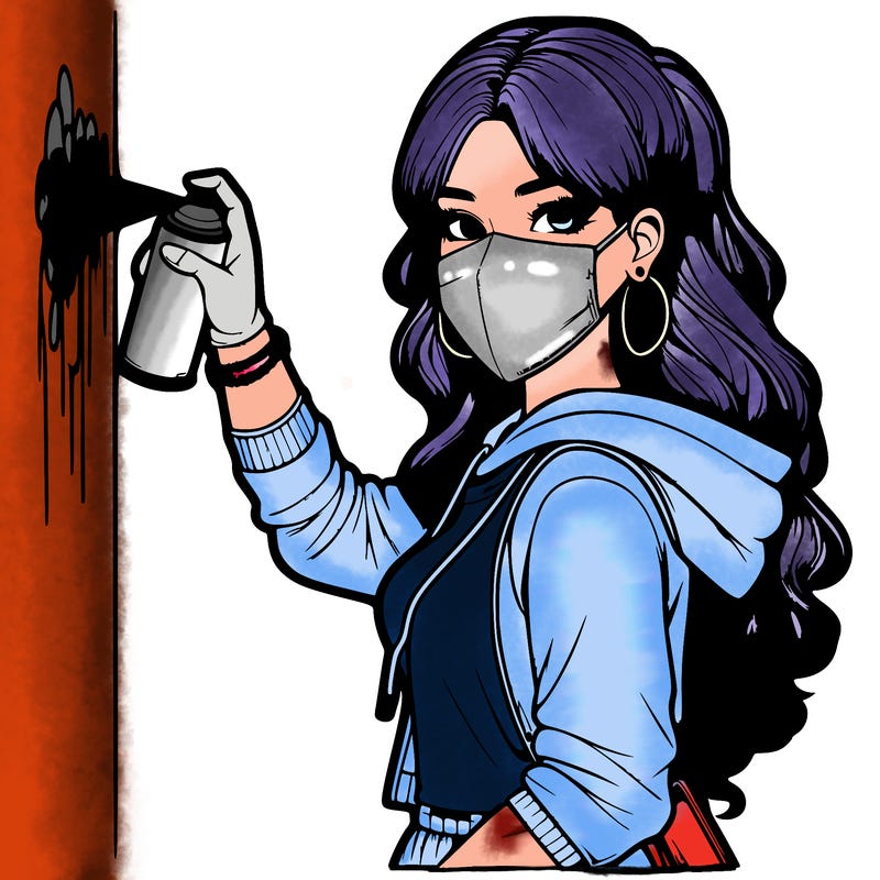 realistic girl with mask spray painting a wall