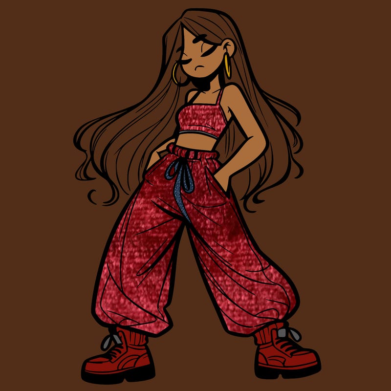 girl in baggy pants crop top and long hair