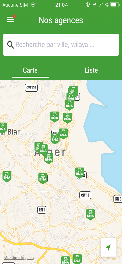 Screenshot of the BNAtic app showing a map of BNA bank branches in Algiers